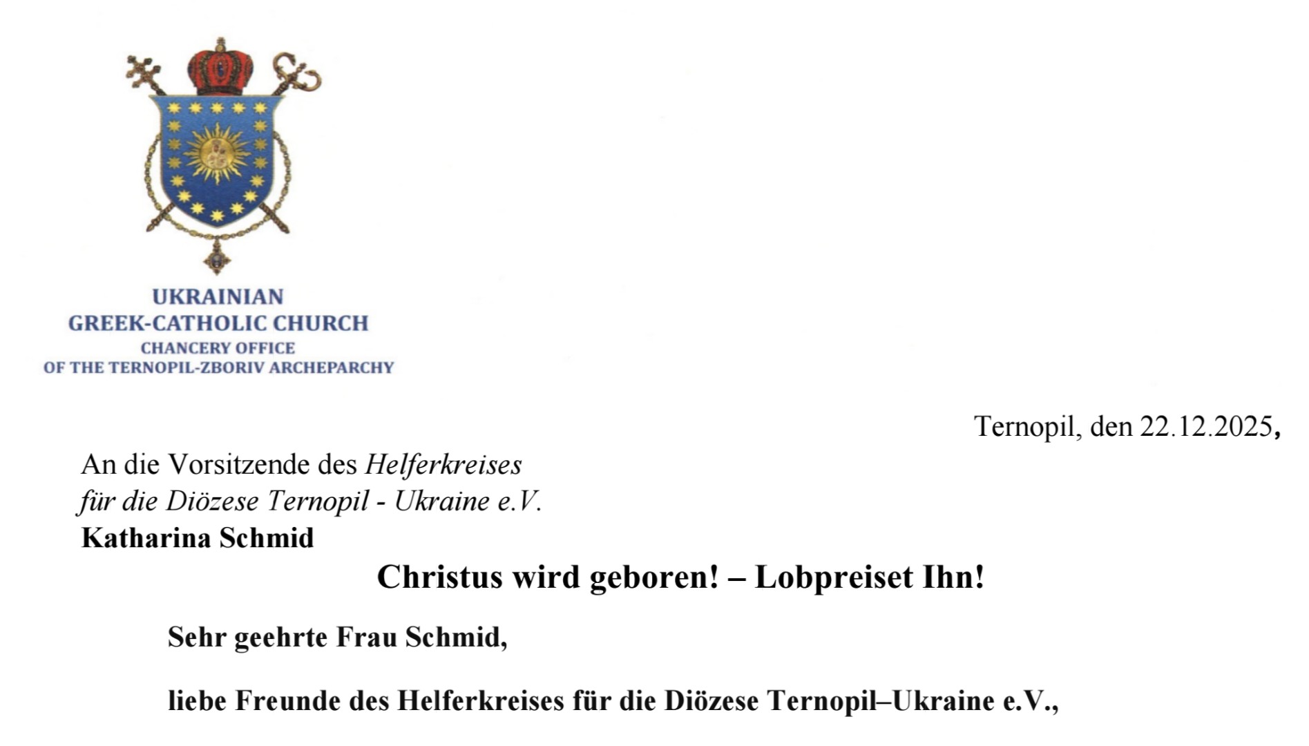 Weihnachtsbotschaft aus Ternopil/Ukraine an den Chiemgauer Helferkreis