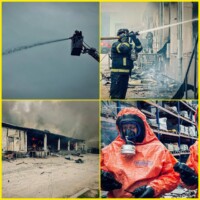 Die Mutter hat extra Spielsachen für die Kinder dabei, während der beklemmenden Zeit. Feuerwehr und Zivilschutz löschen die Brände.